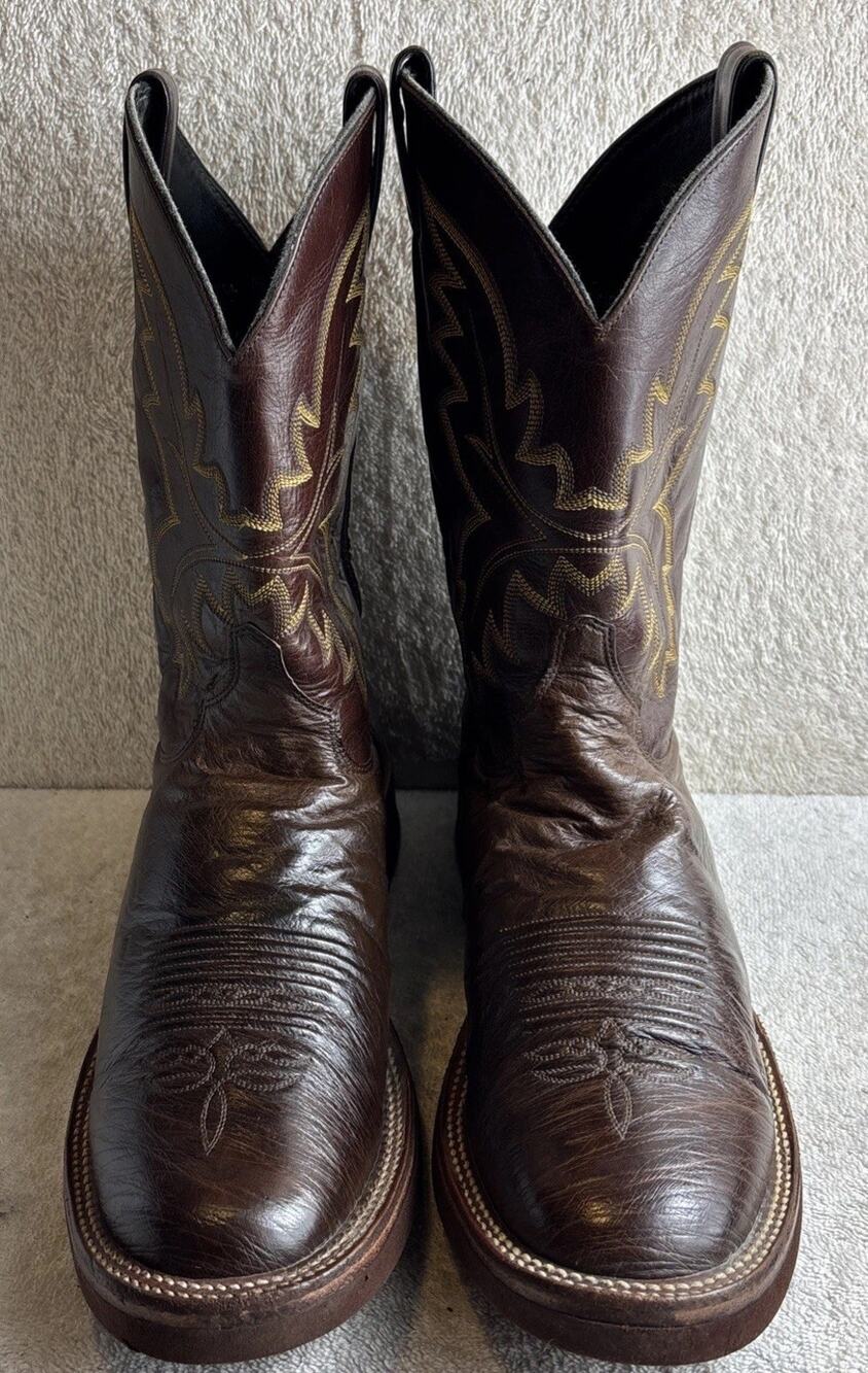 Justin Tekno Crepe Sole Brown Ostrich Leather Cowboy Roper Boots Men Size 10 D